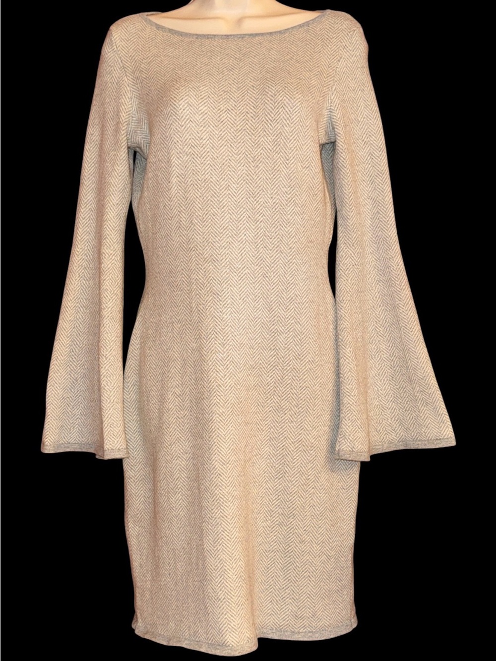 Lauren Ralph Lauren Cresta Gray Herringbone Bell Sleeve Sweater Dress, Sz Small
